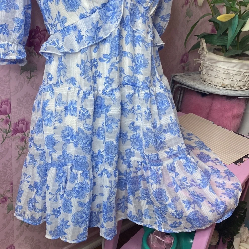 πΉ Trixxi πΉ NWT Blue & White Floral Ruffle Babydoll Dress - Picture 3 of 16